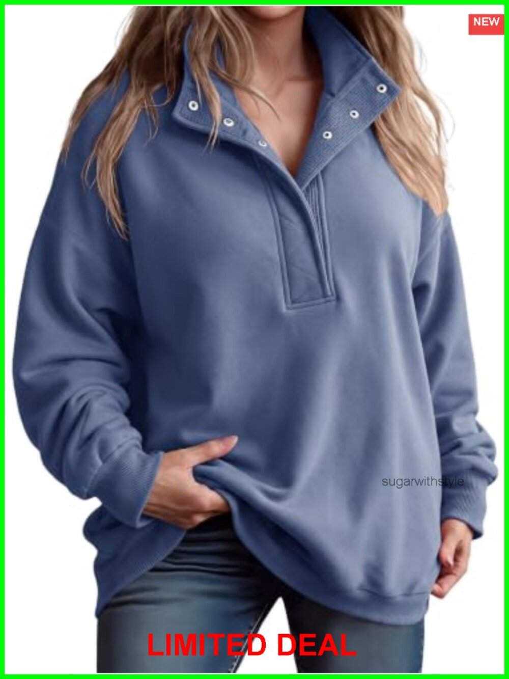 Plus Size Fleece Henley Neck Oversized Pullover Sweatshirt
